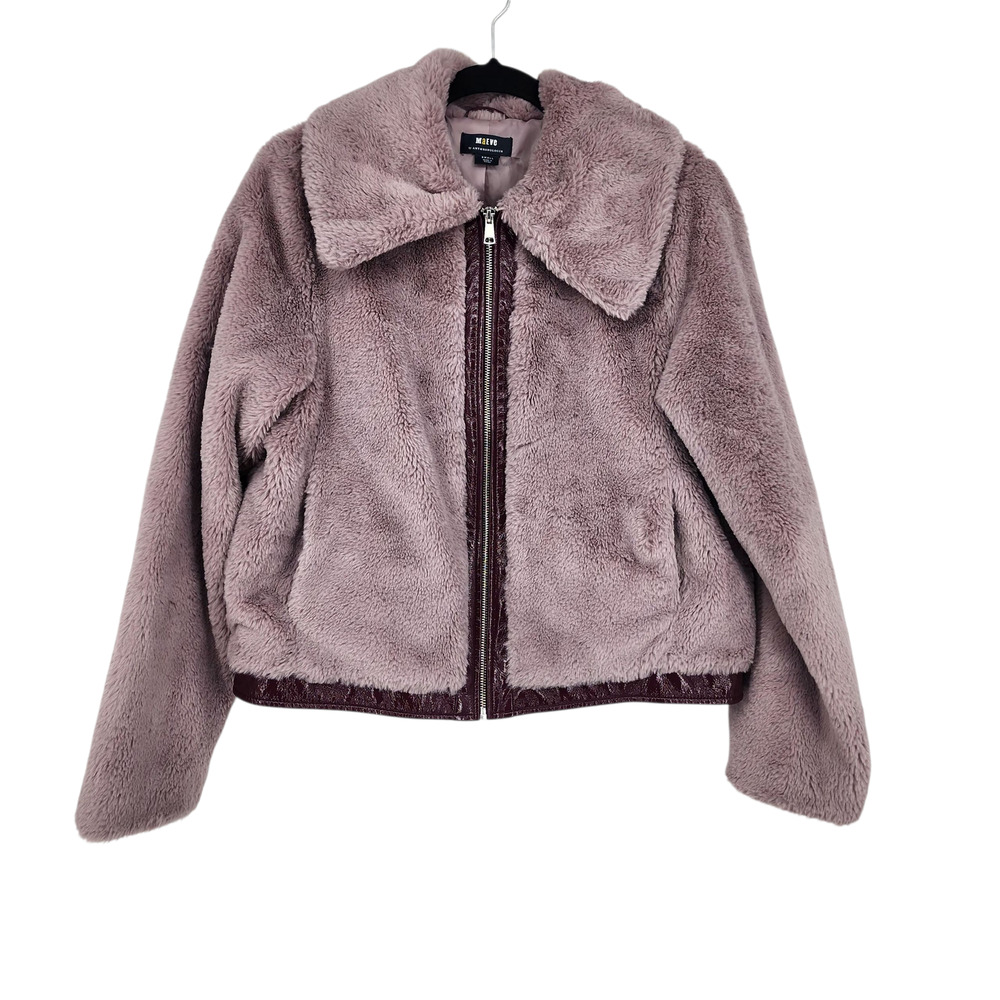 Anthropologie Maeve Jacket Coat Purple Faux Fur Leather Trim Full Zip Size XXS